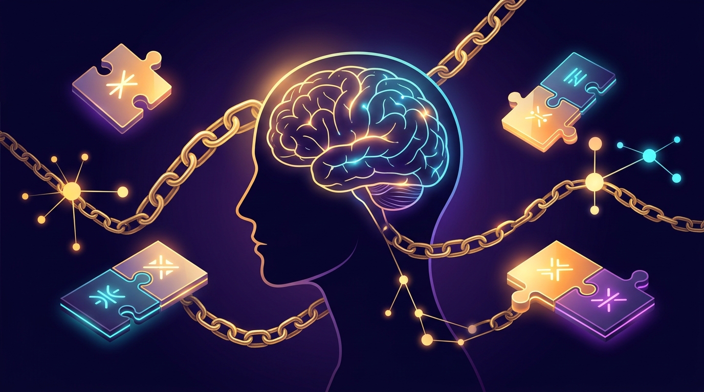 Stylized brain synapse and kinetic chain network illustrating lateral thinking strategies for Chainle puzzles